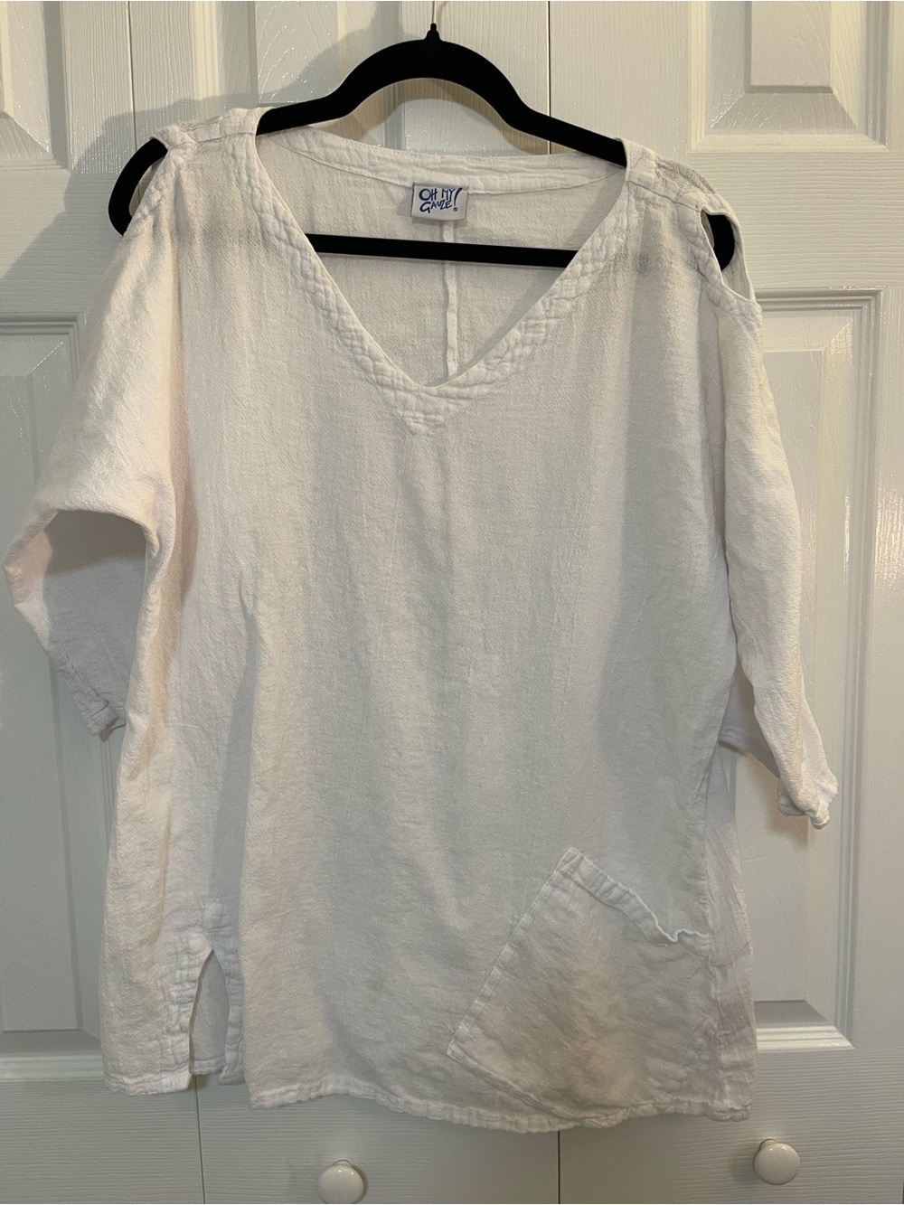 Oh My Gauze! White V-Neck Cold-Shoulder Linen Tunic Top